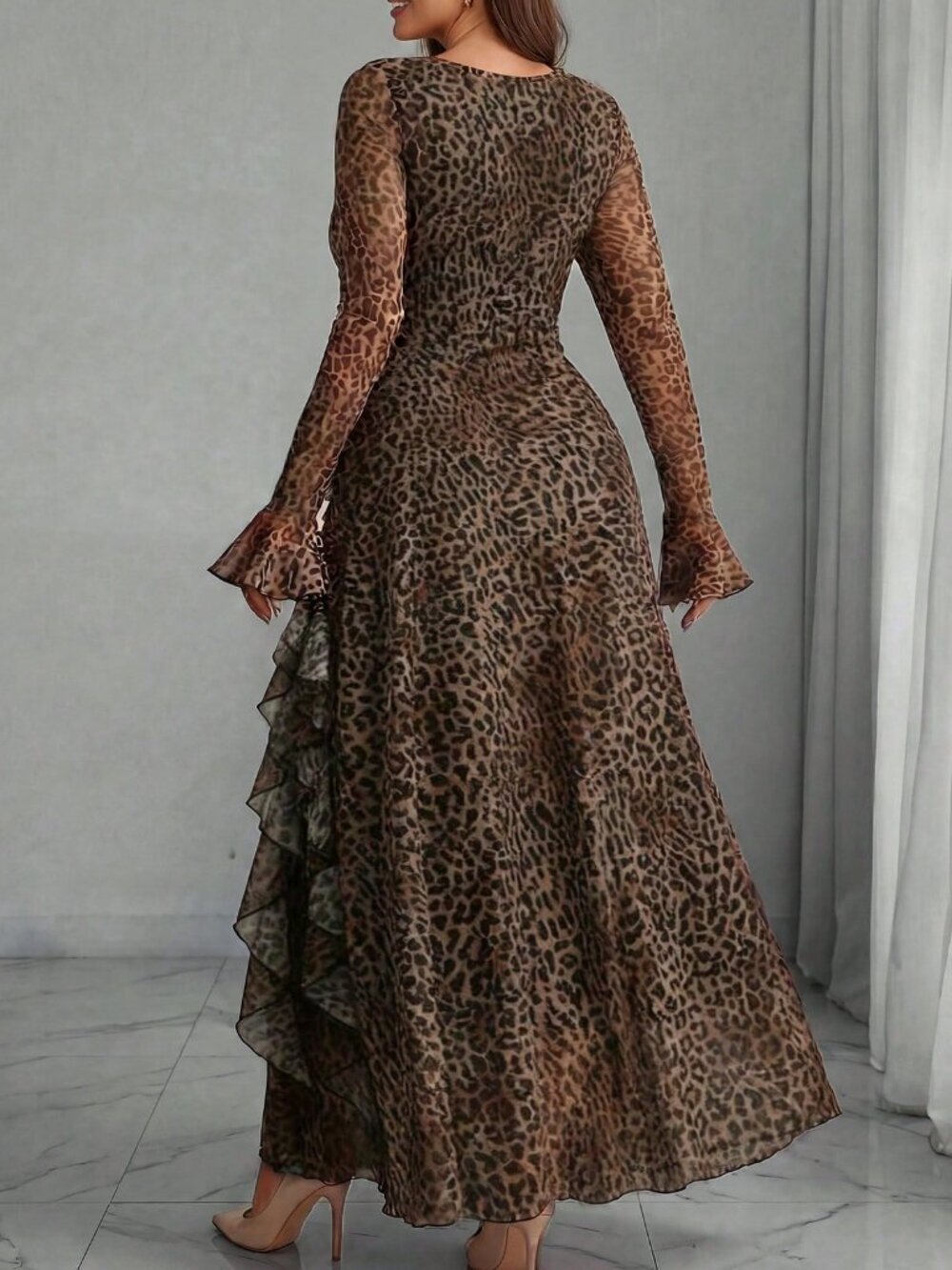 Women's Plus Size Leopard Print Ruffle Trim Long Sleeve Square Neck maxi Dress - Picture 2 of 5